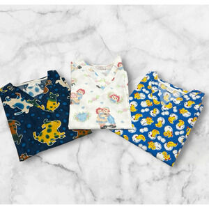Vintage Scrub Tops Lot of 3 L/XL Pockets Puppies Chicks & Ragedy Ann Tafford